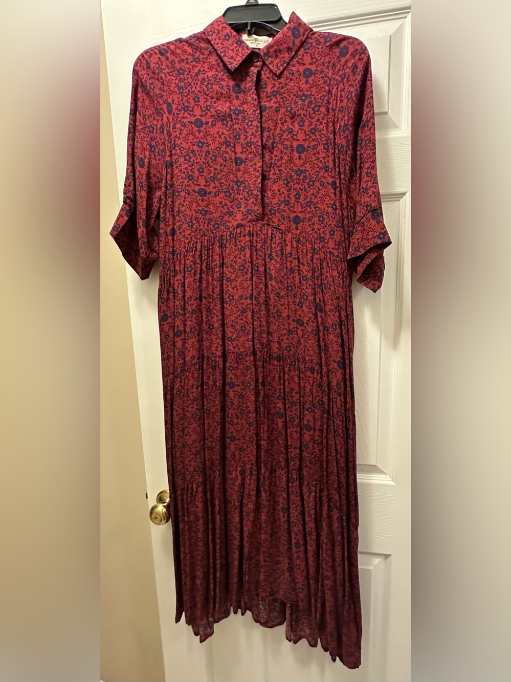 NATURAL LIFE Burgundy Red Midi Dress with Navy Floral Print